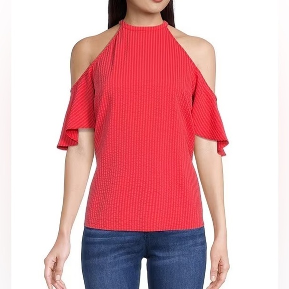 Michael Kors Tops - Michael Kors Seersucker Halter Neck Cold Shoulder Short Flutter Sleeve Stripes
